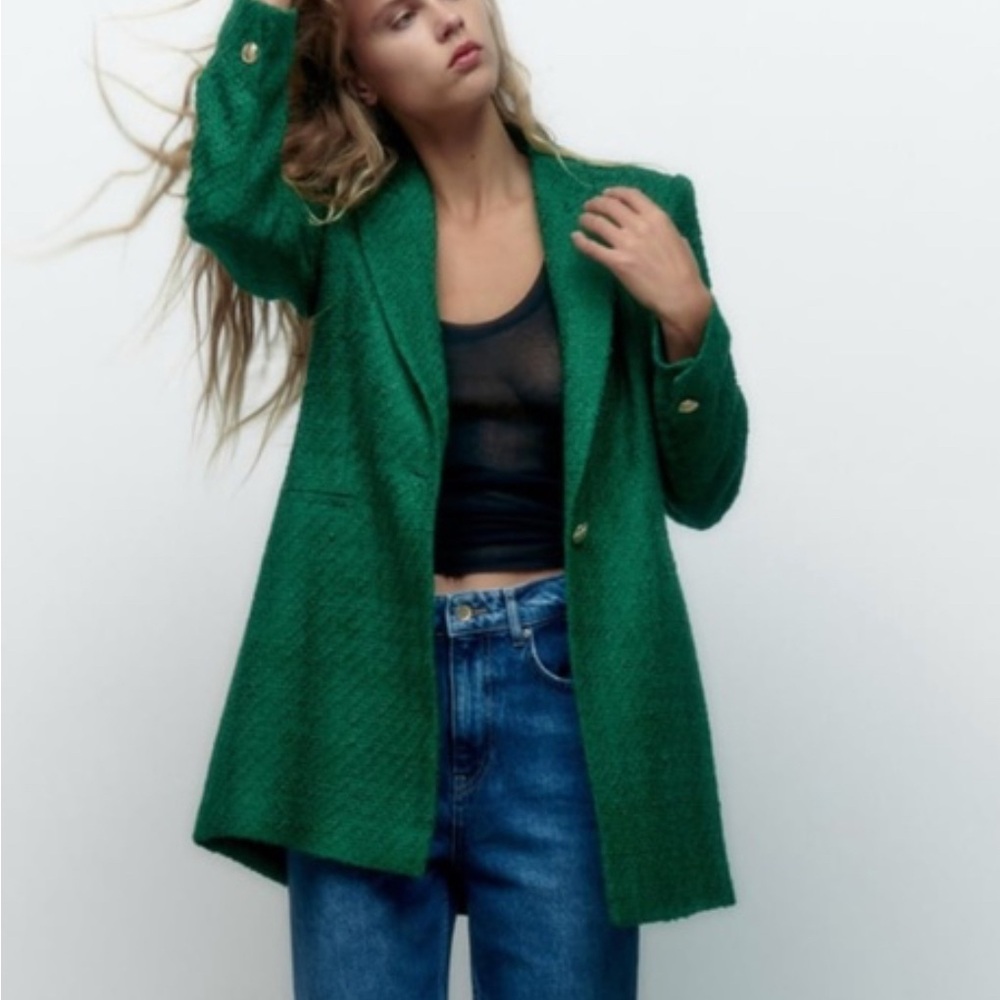 Zara Green Blazer Oversized Textured Suit Jacket